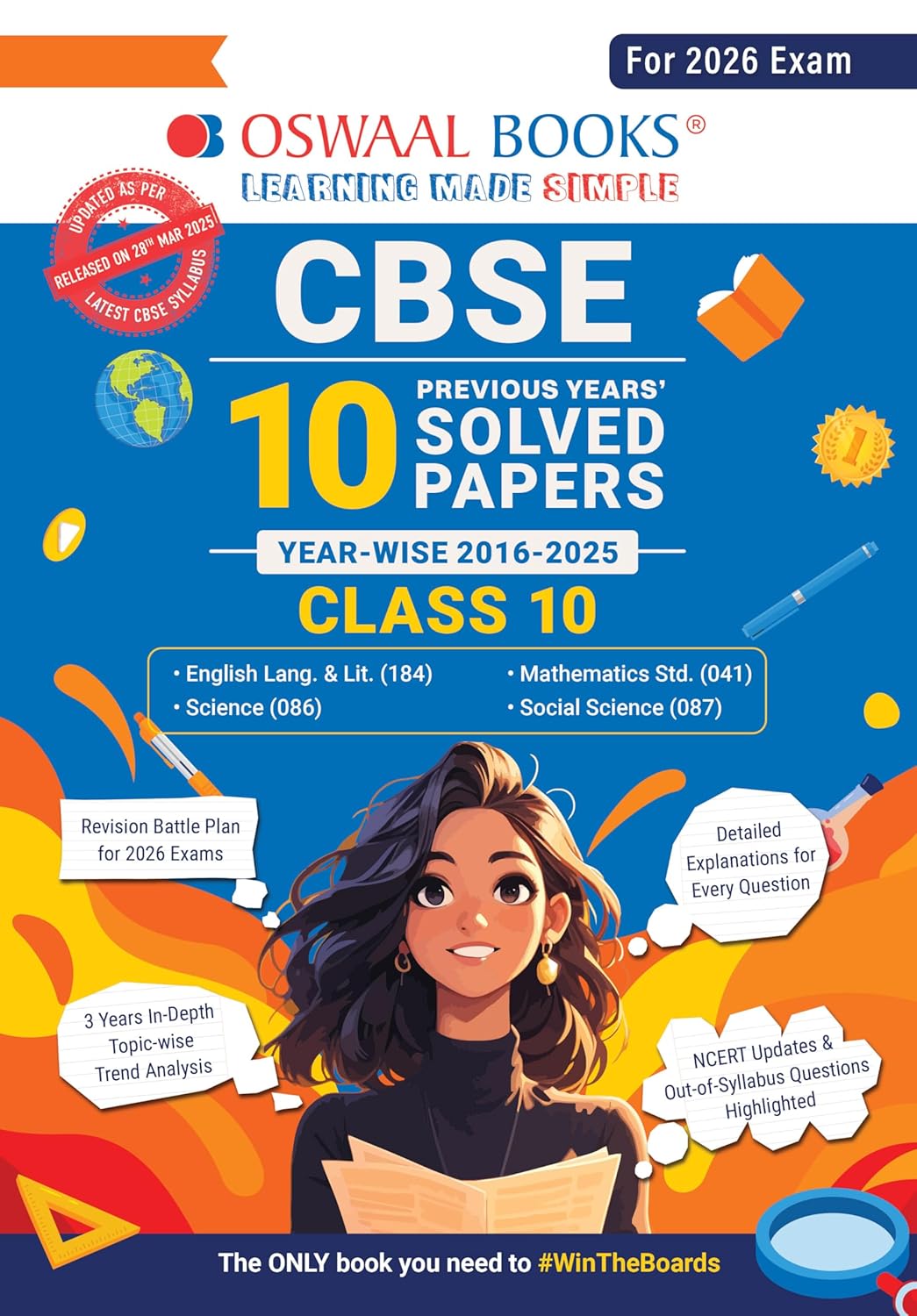 Oswaal CBSE Class 10 – 10 Years' Solved Papers (2016–2025) Set – Eng, Sci, SST, Math Std | 2026 English Medium