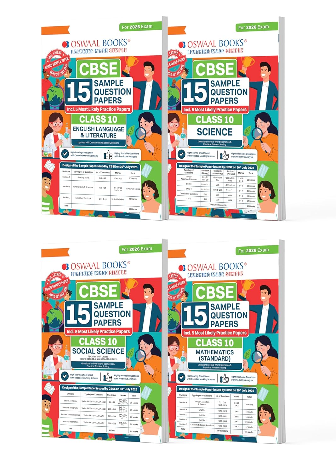 Oswaal CBSE Class 10 – 15 Sample Papers Set (Eng, Sci, SST, Math Std) – 2026 English Medium