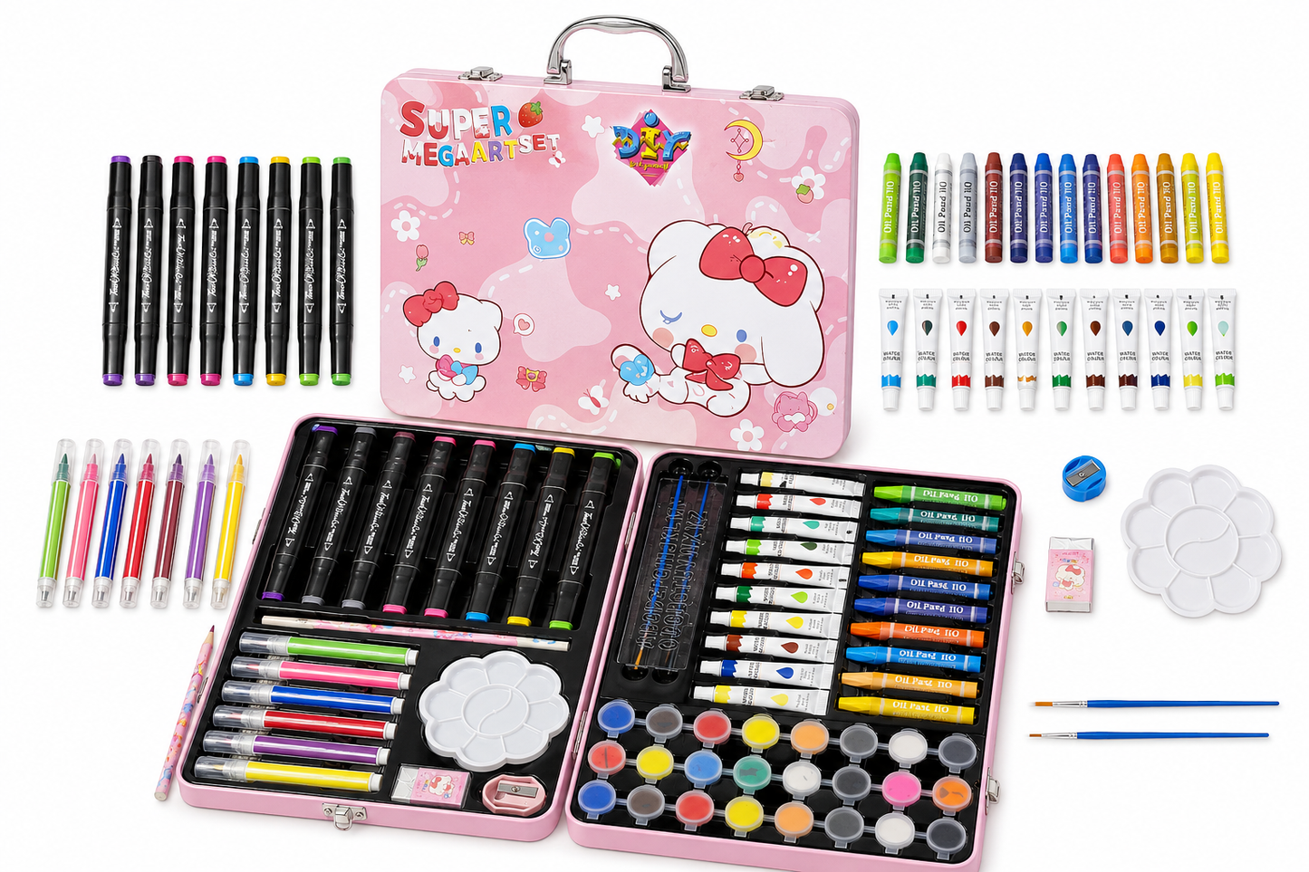 Super Mega Art Set for Kids – 54+ Pieces Drawing & Coloring Kit | Watercolors, Oil Pastels, Sketch Pens, Paints & Accessories | Cute Pink Cartoon Art Box
