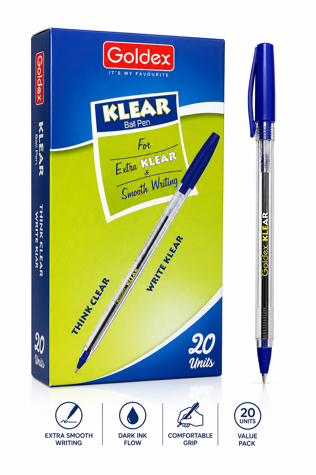 Goldex Klear Ball Pen Blue – Pack of 20 Units