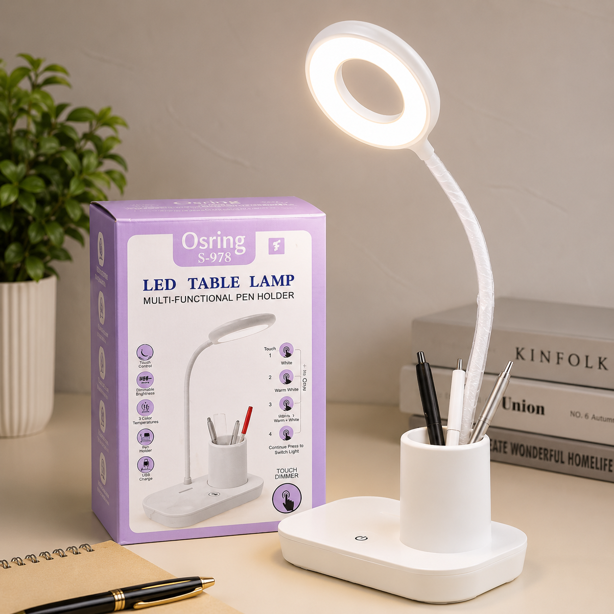 USB Rechargeable LED Ring Table Lamp with Pen Holder