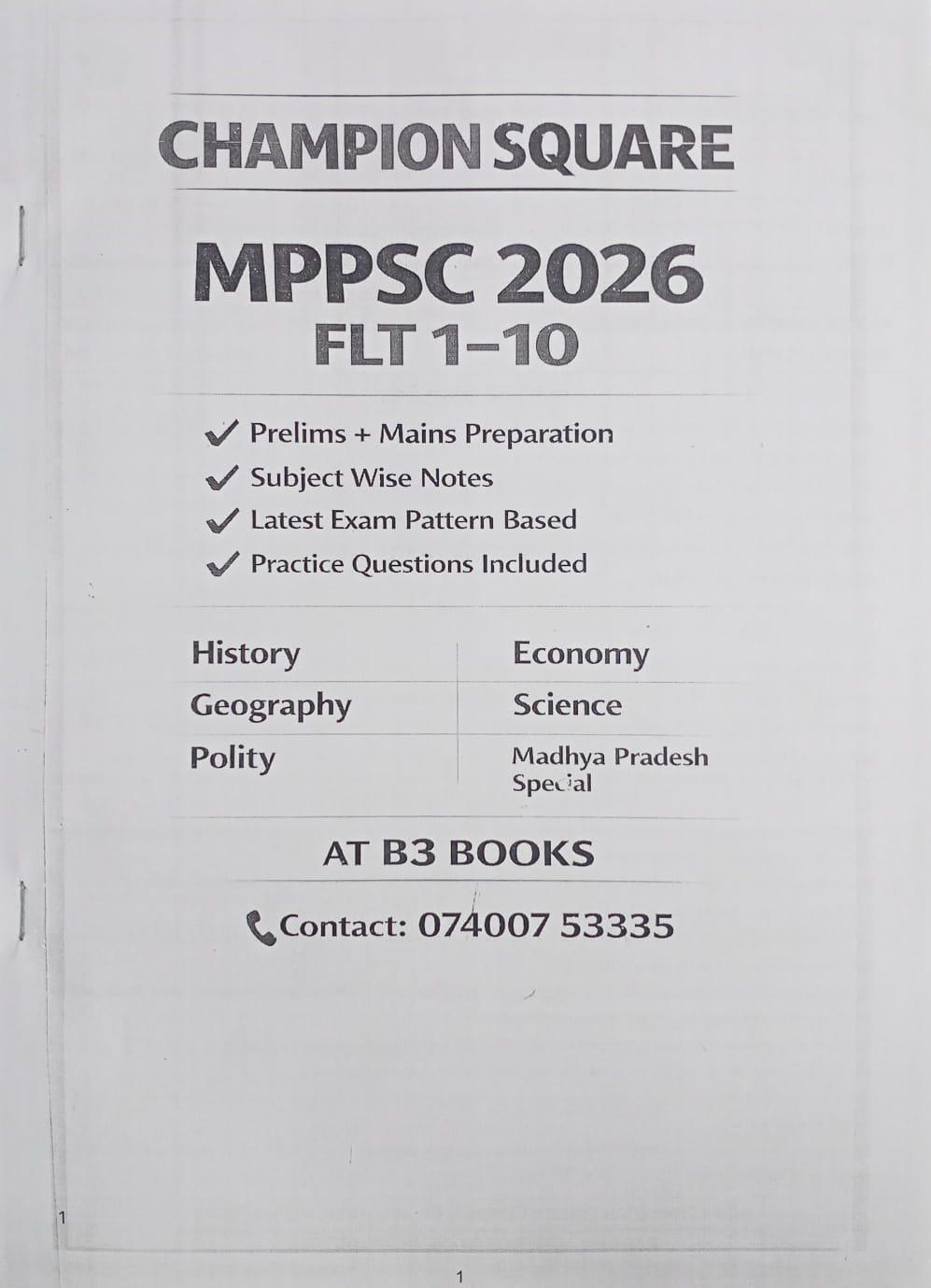 Champion Square MPPSC Full Length Test Series FLT 1β10 | Hindi & English Medium Practice Papers