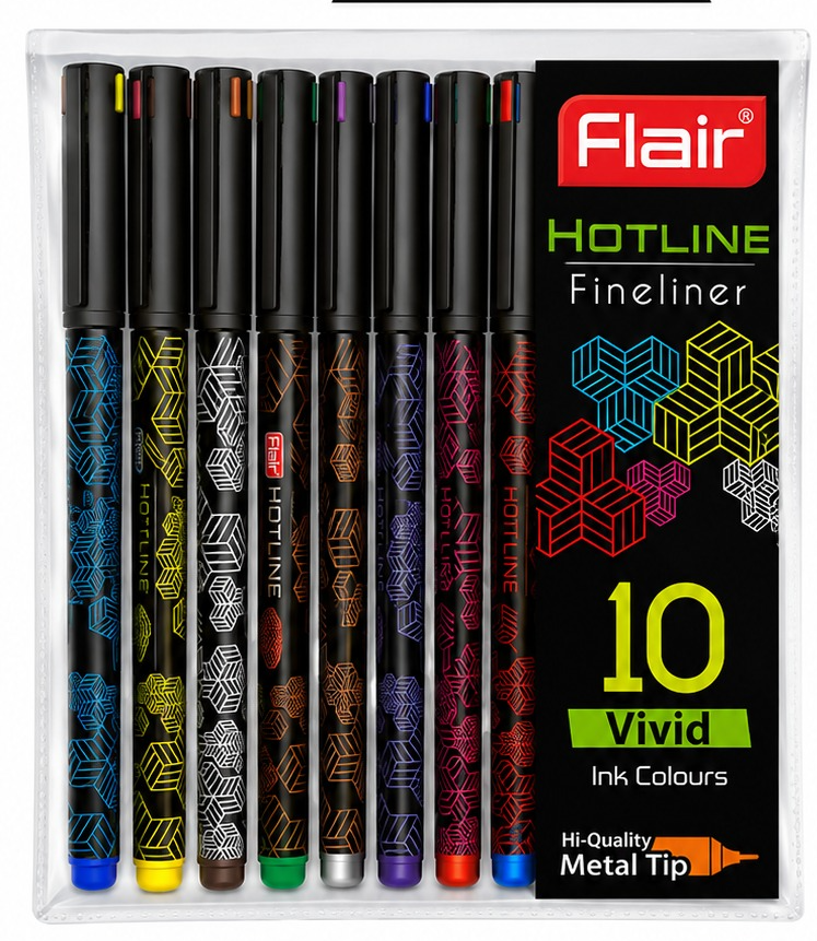 Flair Hotline Fineliner Pens (Pack of 10 Vivid Ink Colors) | High-Quality Metal Tip
