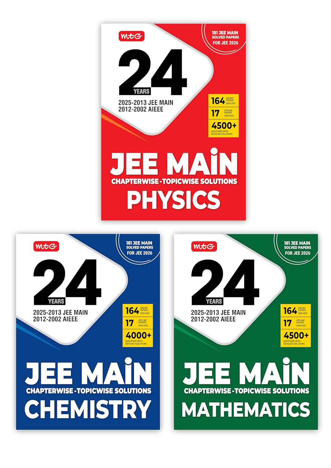 MTG 24 Years JEE MAIN (2025-2002) Previous Years Solved Papers Physics, Chemistry & Mathematics PYQ (Set of 3)English Medium