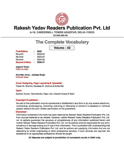 Rakesh yadav The Complete Vocabulary (Volume -2) 2nd Edition By Jaideep Singh (Bilingual)