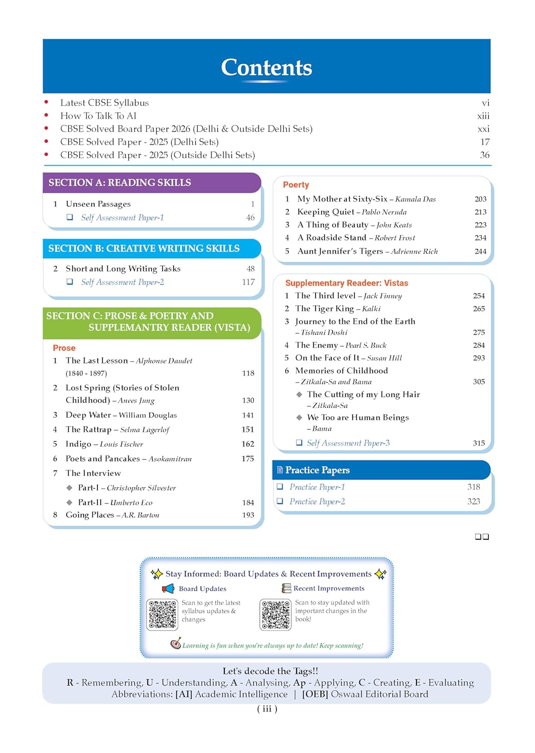 Oswaal CBSE English core Question Bank  Class 12 (2017–2026) Chapter & Topic-wise Solved Papers(English Medium)