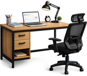 Modern wooden study desk with laptop, desk lamp, and black ergonomic office chair.