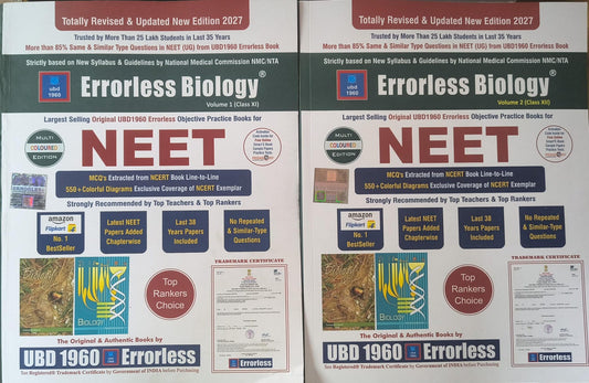 Errorless Biology Vol. 1 & 2 for Class 11 & 12 NEET Preparation Edition 2027 (English Medium)