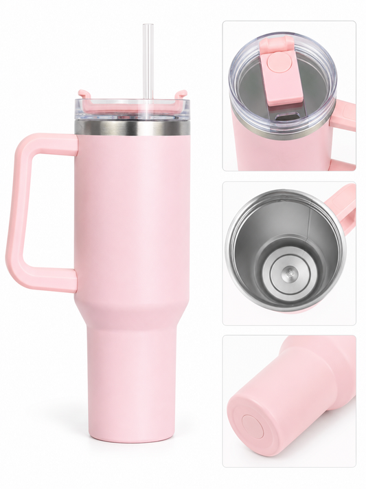 40oz Pink Insulated Stainless Steel Travel Tumbler with Handle & Straw | Double Wall Vacuum Coffee Mug | Leak-Resistant Lid